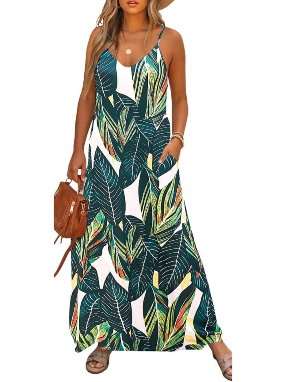 Summer Boho Floral Maxi Dress - V-Neck, Sleeveless, Flowy, Beachy with Pockets